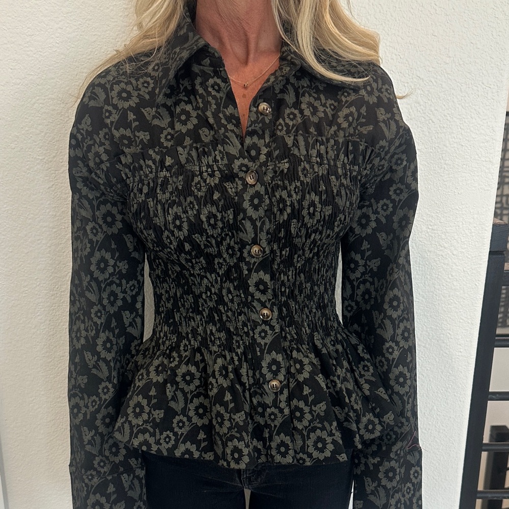 Anthropologie Black Floral Button-Down Blouse